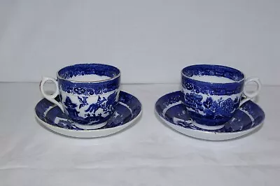 Buy Antique Victorian Pair Of Bone China  Flow Blue Ring Handle Cups And Saucers  • 15£