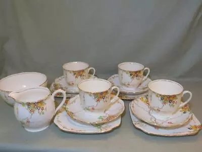 Buy Vintage English Bone China 4 Tea Trios + Milk & Sugar Summer Blossom Pattern • 15£