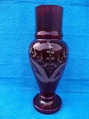 Buy Good Antique 19th Century Bohemian Ruby Flashed Glass Vase Engraved Design As98 • 10£