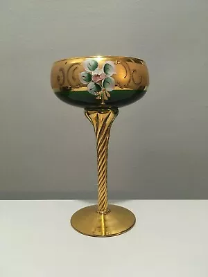Buy Antique Bohemian Moser Green Glass Wine Goblet Gold Glit Hand Painted Italy • 85.24£
