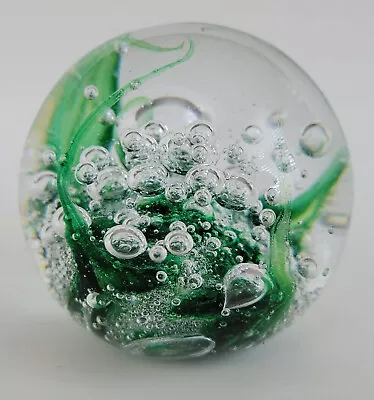 Buy SIGNED PAUL MILLER LANGHAM Paperweight Celeste EMERALD GREEN Clear Bubble Glass • 57.53£