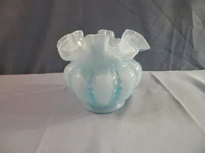 Buy Fenton Blue Overlay Glass Beaded Melon Rose Bowl Vase 3 3/4  Tall • 23.05£