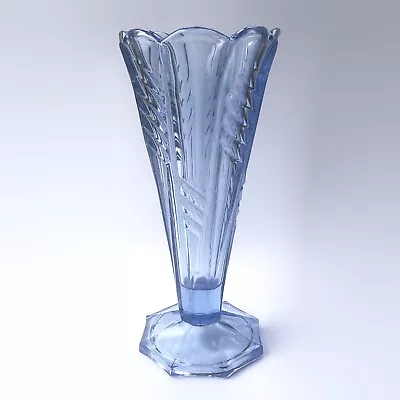 Buy Art Deco Blue Glass Vase Footed Trumpet Pressed Vintage 1930s Large Tall 27.5cm • 20£