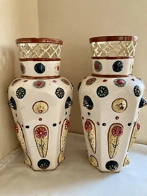 Buy Pair Of Antique Victorian  Majolica Pottery Vases 1880's  Pompeyi   13.25 Inches • 85£
