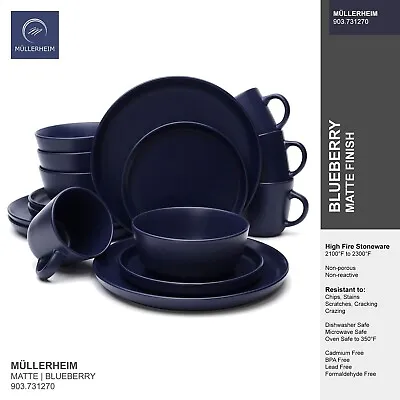 Buy MÜLLERHEIM 903 16-Piece Ceramic Stoneware Dinnerware Set For 4, Matte Dark Blue • 68.55£