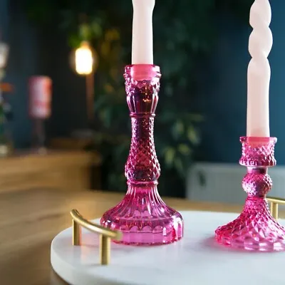 Buy Hot Pink Tall Textured Glass Candlestick Dinner Candle Holder 18cm • 8£
