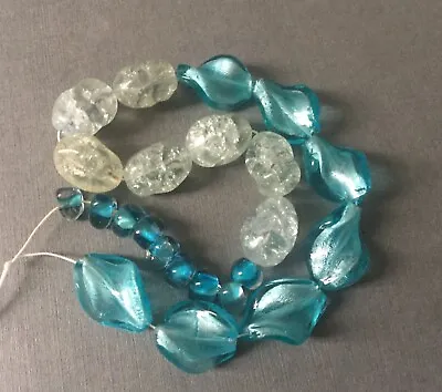 Buy Vintage Jewellery Beads Crackle Effect Light Blue Clear Glass Swirl Foil Glass • 3.49£
