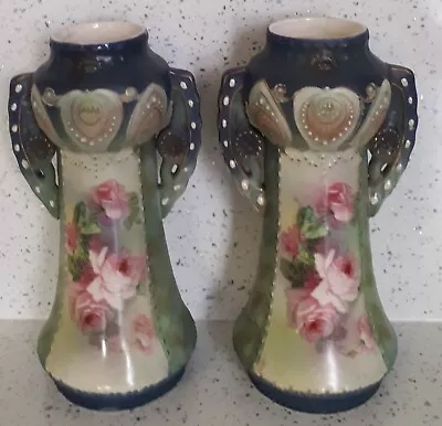 Buy A Matching Pair Of Austrian Twin Handled Vases With A Roses Theme • 15£