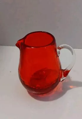 Buy Vintage Hand Blown Orange Red  Crackle Glass Pitcher Applied Clear Handle • 11.81£