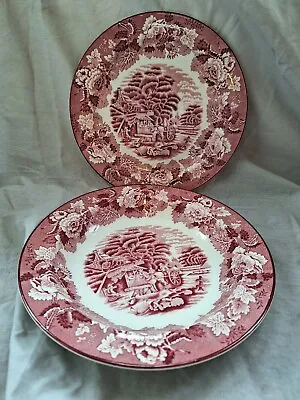 Buy Pair Set Of Enoch Woods English Scenery Dinner Plate And Bowl Pink And White Vtg • 26£
