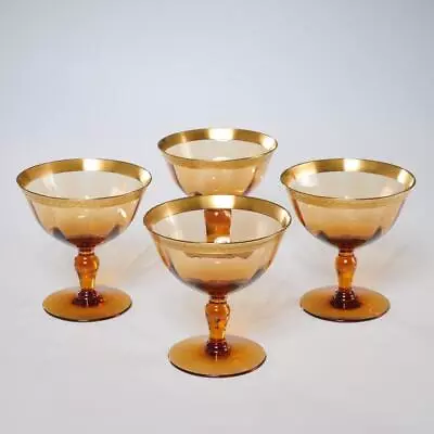 Buy Set Of 4 Gold Tiffin Amber Depression Glass Sherbet Dessert Cup Champagne Coupe • 76.84£