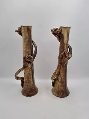 Buy Studio Pottery Stoneware Stem Vases Set Of 2 Handmade 3D Flower Design Stamped • 29.99£
