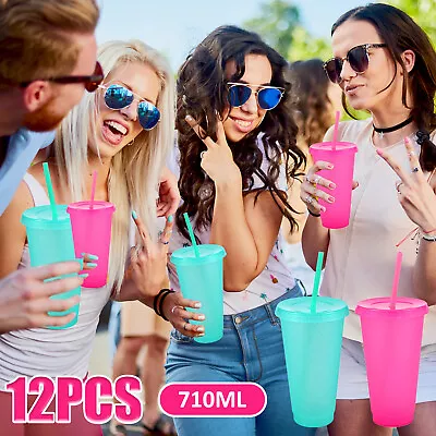 Buy 12Pcs Plastic Straw Cups Reusable Glitter Tumbler With Lid 710ml Large: • 19.73£