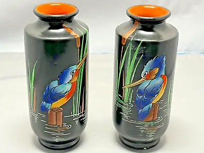 Buy Pair 2 Shelley Small Kingfisher Black Vases Antique Art Deco • 99£