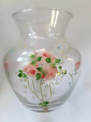 Buy VINTAGE HAND PAINTED ROSES On CLEAR GLASS ROSE BOWL/VASE  • 12.49£