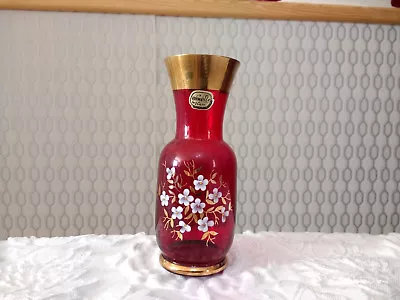 Buy Vintage Bohemian Bohemia Czech Gold Gilt Ruby Red Floral Art Glass Flower Vase • 26.95£