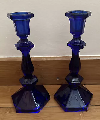 Buy Vintage Pair Of Cobalt Blue Glass Candle Sticks • 50£