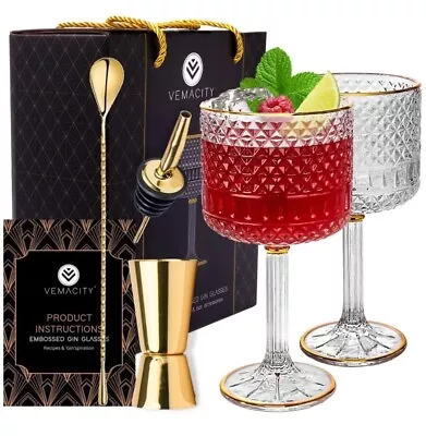 Buy BNIB Luxury Gin Glasses Set Of 2 With Gold Rims And Gold Bar Accessories • 14.99£