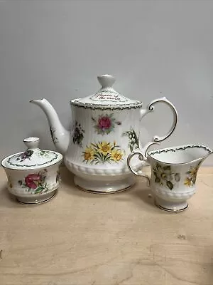 Buy Queen’s Fine Bone China Tea Set, Teapot Sugar Bowl Milk Jug Flowers Of The Month • 40£