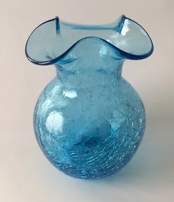 Buy Vintage Blue Crackle Glass Vase Hand Blown W/Ruffled Top~5” • 11.51£