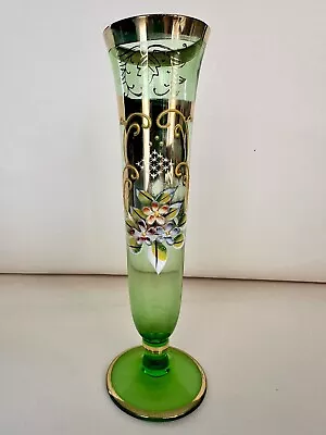 Buy Czech Bohemian Green Glass Bud Vase With Hand Painted Flowers & Gilding 7 Inches • 6.80£