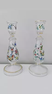 Buy Vintage Pair Clear Glass Candle Holders With Handpainted Flowers & Butterflies • 20£