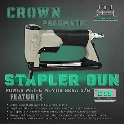 Buy Stapler Gun Crown Pneumatic Upholstery Air Power Meite MT7116 22GA 3/8''  • 59£