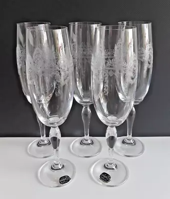 Buy Vintage Bohemia Crystal 5 Etched Swags Champagne Glasses Flutes • 24.95£