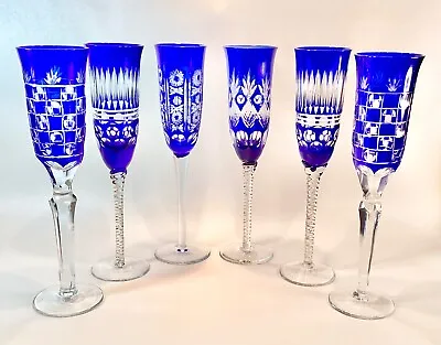 Buy Set Of 6  Cobalt Blue Bohemian Cut To Clear Glass Champagne Flutes • 61.52£