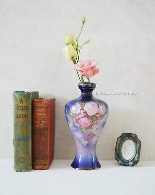 Buy Vintage Porcelain Vase Blue Pink Roses Antique 18th Century Leeds Ware Vase • 49.50£