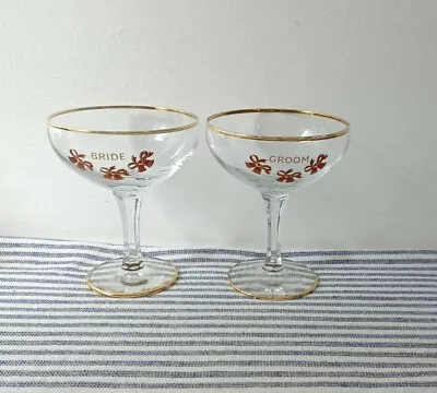 Buy 2 Vintage 1950s Champagne Glasses Bride & Groom Lettering Wedding Gift Coupes • 29.99£