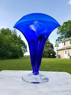 Buy Blenko Glass Cobalt Blue Fan Vase W/Clear Footed Stem With Original Sticker 12  • 57.54£
