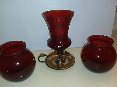 Buy Ruby Red Round Vases Vtg Anchor Hocking Plus Candle Holder Glass 1960s Set Of 3 • 18.89£