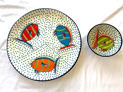 Buy Alba Mexico Talavera Fish Design Raised Dots Round Platter And Small Bowl • 26.55£