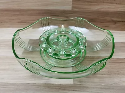 Buy Large Art Deco Green Glass Centerpiece Bowl With Flower Frog & Candle Holder • 28£