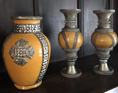 Buy Vintg Morrocan Set Of 3 Handcrafted Safi Vases/Candle Holders W/ Silver Overlay • 66.44£