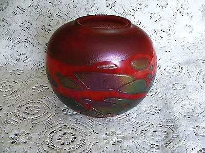 Buy Phoenician  Red  Iridescent  Heavy  Squat  Glass  Vase  Signed  On  Base Ht . 5  • 49.99£