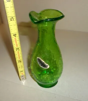 Buy Vtg Kanawha Mini 5+  Green Crackle Glass Bud Vase Ruffeled Top (partial Sticker) • 10.61£