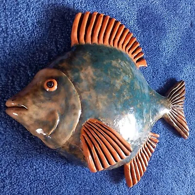 Buy Rare Studio Pottery Wall Art Fish Ornament / Plaque Handmade Green And Orange. • 24.99£