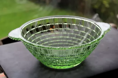 Buy Vintage Green Pressed Glass Handled Fruit Bowl Basket Weave Design Art Deco Dish • 18.99£