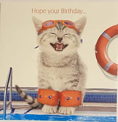 Buy Cute Tabby Kitten Cat Hope Your Birthday Goes Swimmingly! Swimming Pool Card  • 2.25£