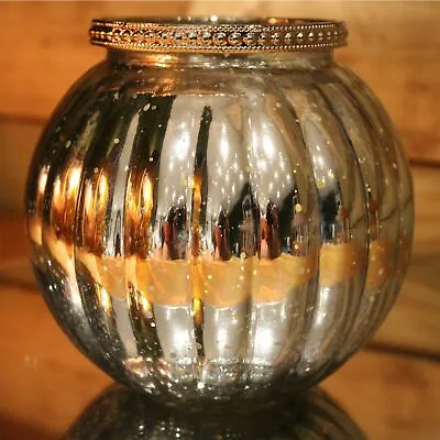 Buy Antique Silver Mercury Effect 13cm X 11.5cm Ribbed Candle Pot Tealight Holder • 9.99£