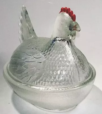 Buy Indiana Glass Stippled Hen/Chicken On Nest Clear Glass Red Comb Candy Dish • 25.08£