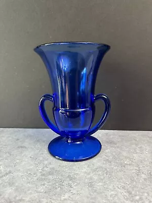 Buy Vintage Cobalt Blue Glass Vase Trophy W/Handles Footed 7”Classic Depression • 14.34£