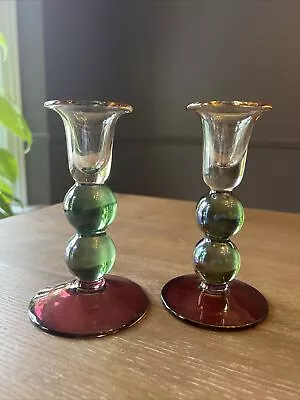 Buy Awesome Set Of 2 Krosno Hand Blown Purple Green Candle Sticks Holders Poland 6” • 18.97£
