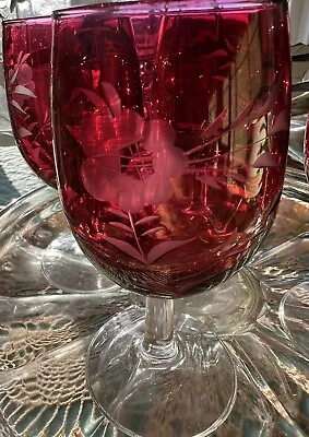 Buy Czech Bohemian Cordial Wine Glasses 5.25  Tall Cranberry Red Etched Floral  (4) • 38.91£