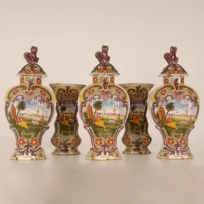 Buy Dutch Delftware Vases 5 Pieces Garniture 19th C. Polychrome Delft Earthenware • 865.52£