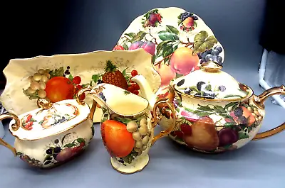 Buy English Fine Bone China Large Teapot Sugar Dish Jug Plate Fruit Gold Pattern • 69£