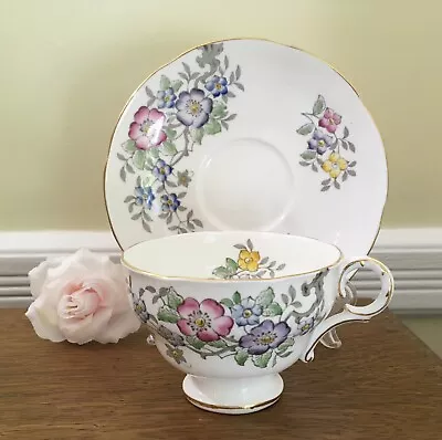 Buy Vintage Adderley Teacup & Saucer English Bone China Blue & Pink & Yellow Flowers • 23.06£