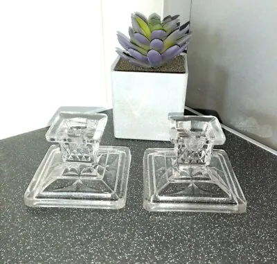 Buy Pair Vintage Heavy Pressed Glass Small Clear Square Tapered  Candlestick Holders • 19.95£